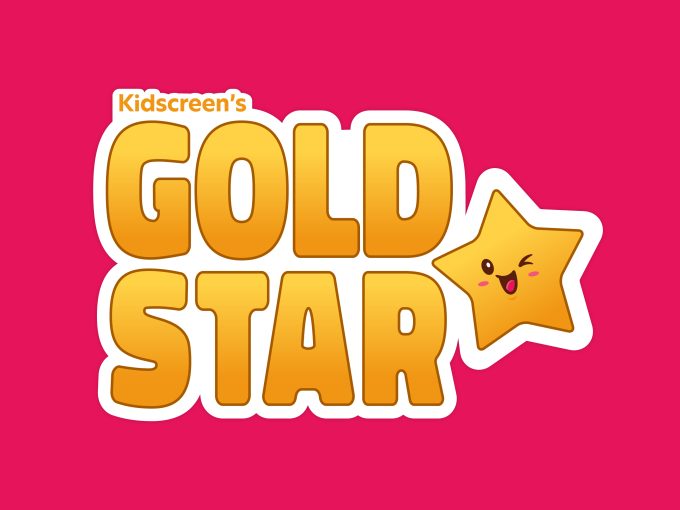 A winking star and the logo for Kidscreen's Gold Star