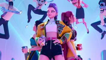 KPop demon hunters stand calmly as demons jump at them