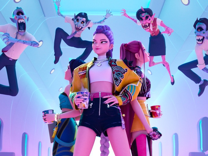 KPop demon hunters stand calmly as demons jump at them