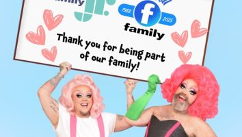 Fay Slift (a.k.a. Jean Paul Kane) and Fluffy Soufflé (Kaleb Robertson) hold a sign saying farewell to the Family Channel