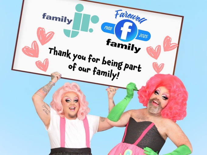 Fay Slift (a.k.a. Jean Paul Kane) and Fluffy Soufflé (Kaleb Robertson) hold a sign saying farewell to the Family Channel