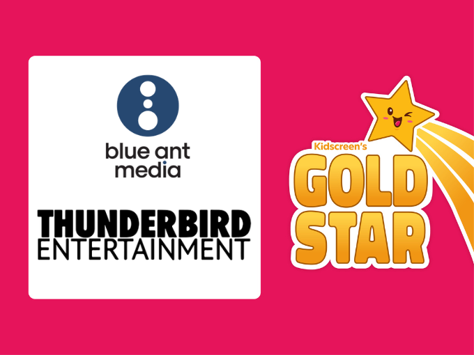 The Blue and Media and Thunderbird Entertainment logos, with a Kidscreen's Gold Star logo